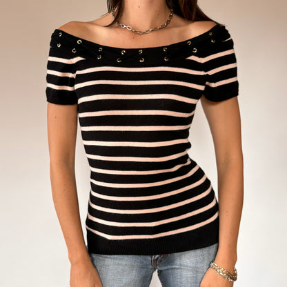 Y2K Striped Grommet Top (S)