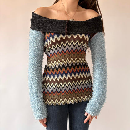 Funky Textured Knit Off Shoulder Sweater (S)