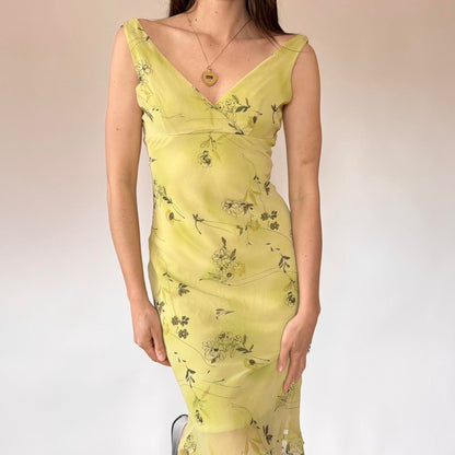 Y2K Floral Chartreuse Midi Dress (XS/S)