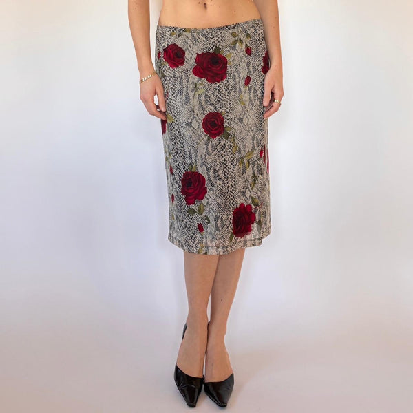 90s Mesh Snakeskin Rose Midi Skirt (L)