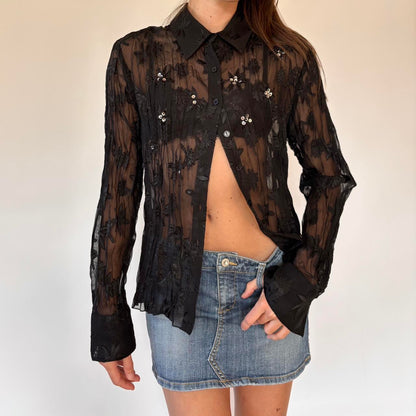 Y2K Sheer Beaded Blouse (L)