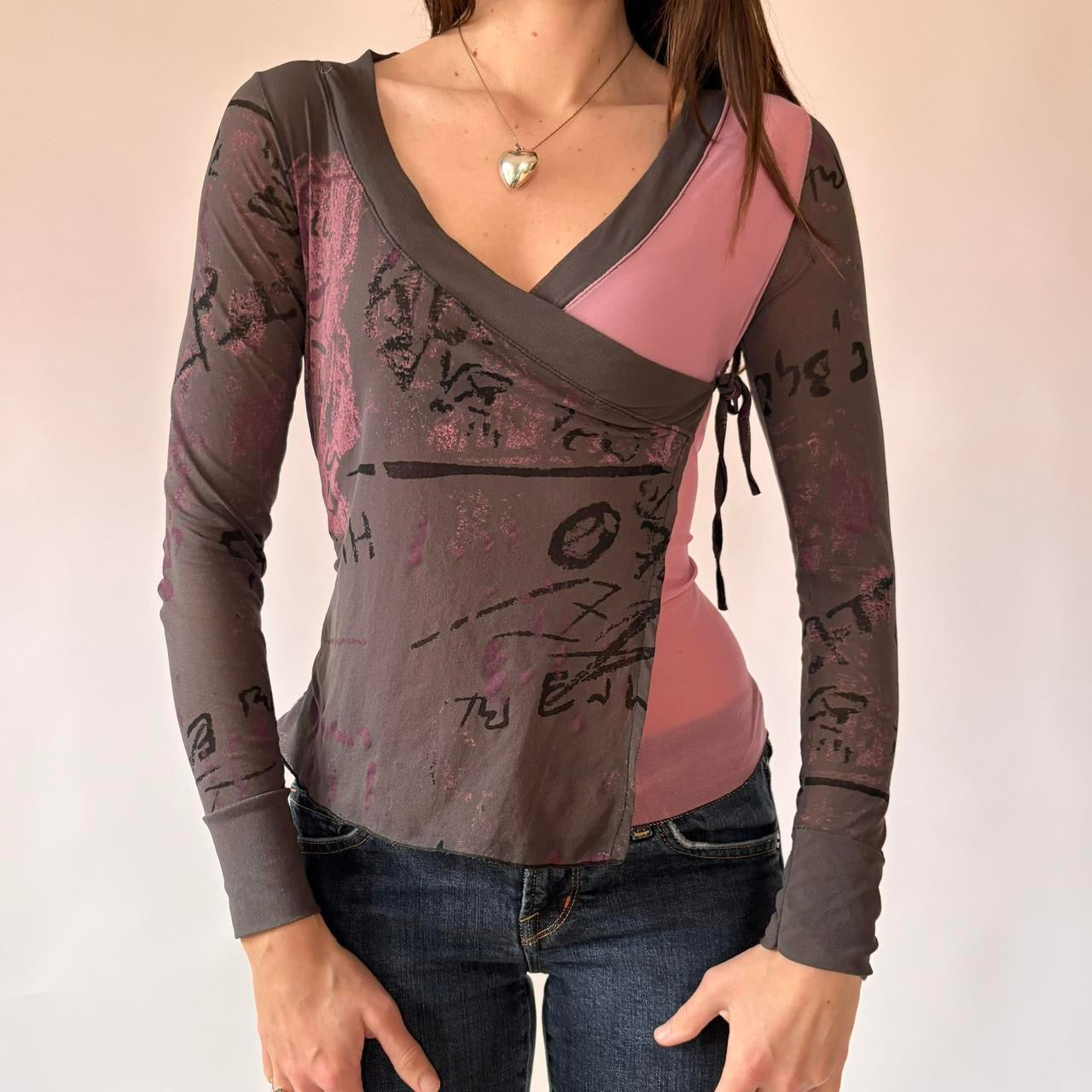 2000s French Graphic Mesh Top (XS/S)