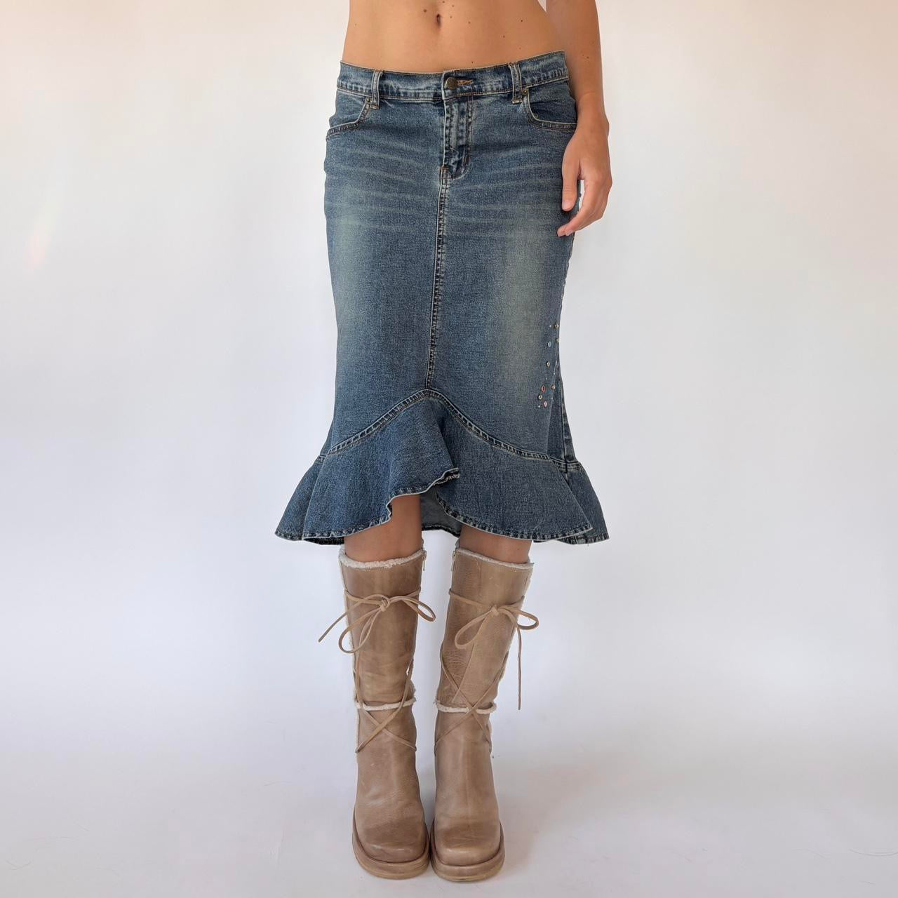 Y2K Studded Denim Midi Skirt (S)
