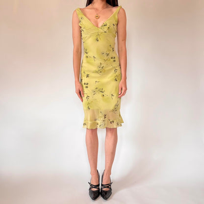 Y2K Floral Chartreuse Midi Dress (XS/S)