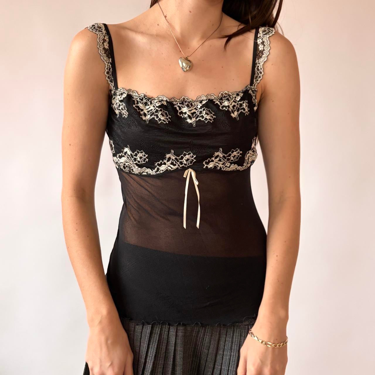 Y2K Embroidered Mesh Cami Top (S/M)