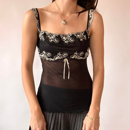 Y2K Embroidered Mesh Cami Top (S/M)