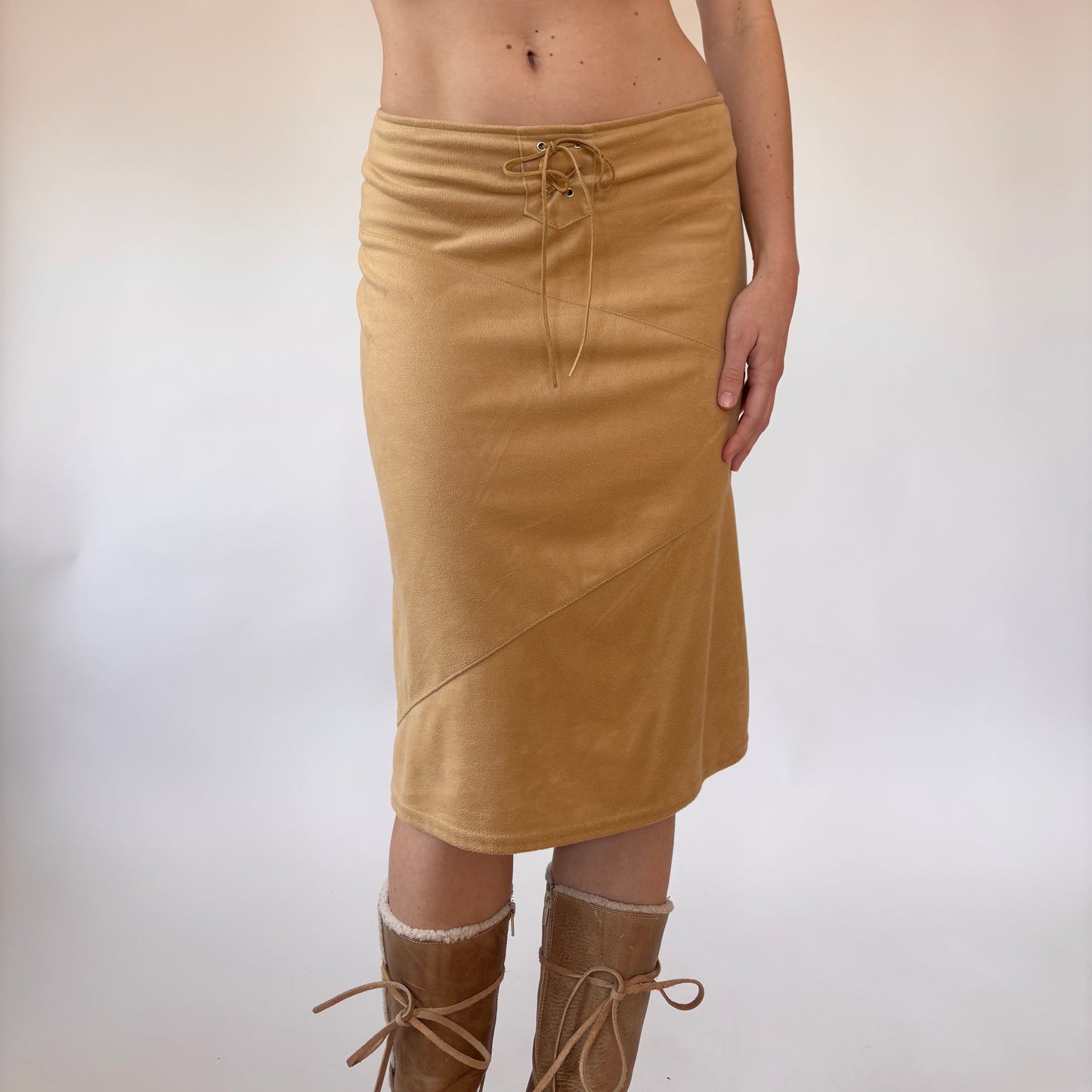 Y2K Nude Lace Up Midi Skirt (S)