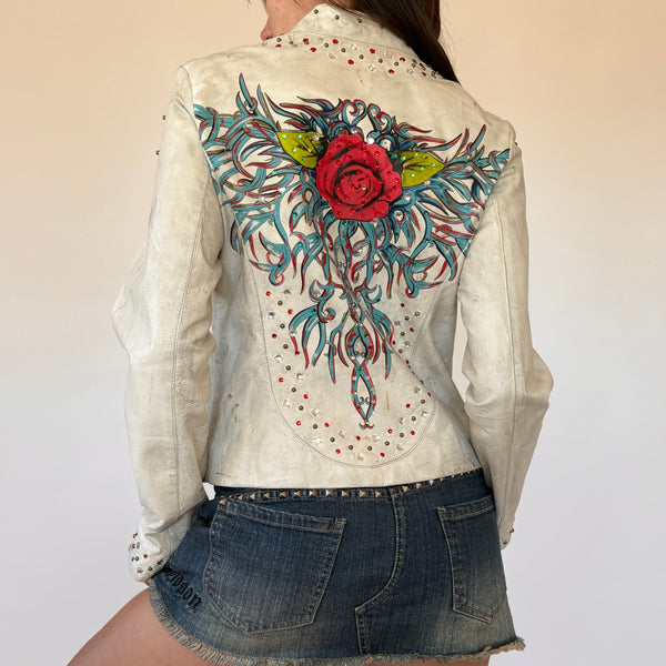 2000s Painted Rose & Studded Leather Jacket (S/M)