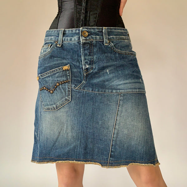 Y2K Patchwork Denim Skirt (M)