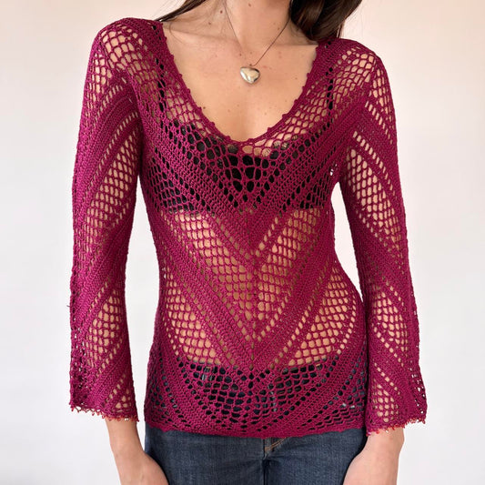 2000s Magenta Silk Crochet Top (M)