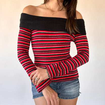 Red & Black Striped Off Shoulder Knit (XS/S)
