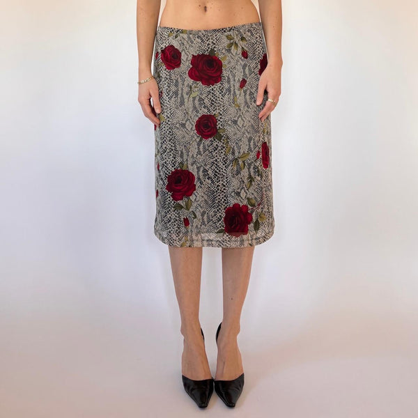 90s Mesh Snakeskin Rose Midi Skirt (L)