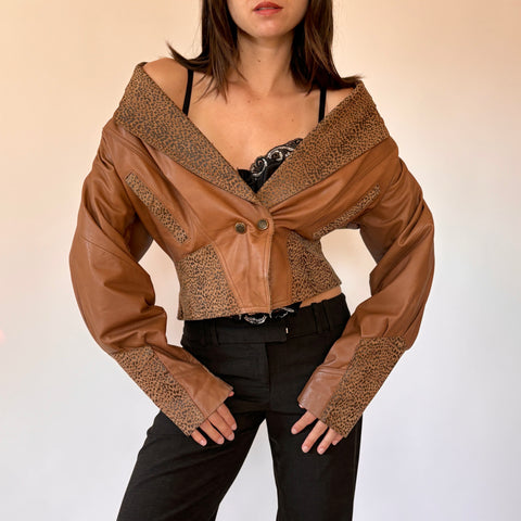 80s Cognac & Leopard Leather Jacket (M)