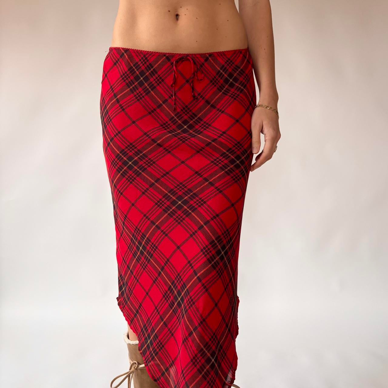 90s Plaid Pointed Hem Midi Skirt (S/M)