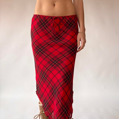 90s Plaid Pointed Hem Midi Skirt (S/M)