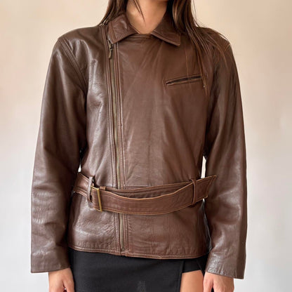 90s Brown Belted Leather Jacket (S/M)