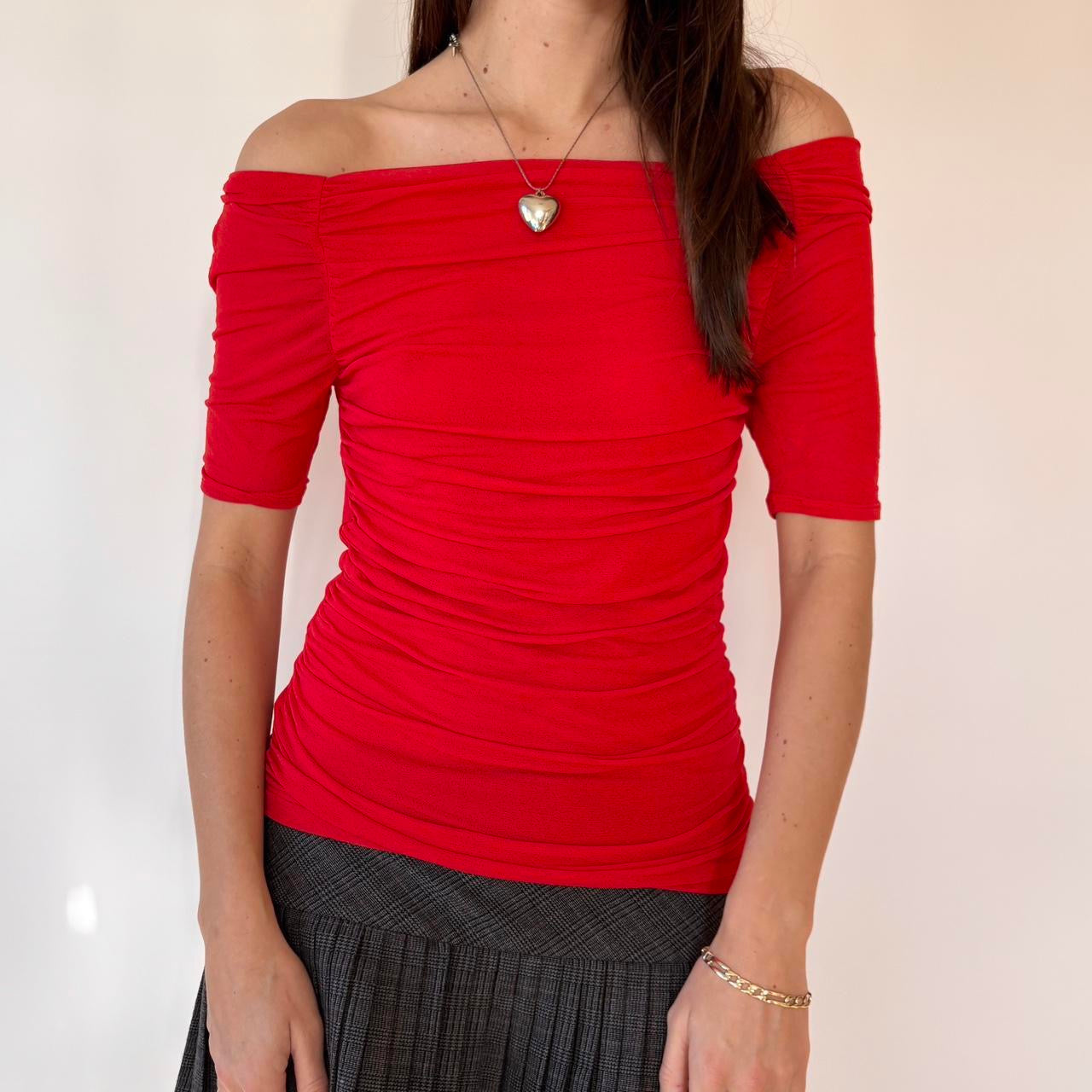 Cherry Silk Mesh Off Shoulder Top (S)