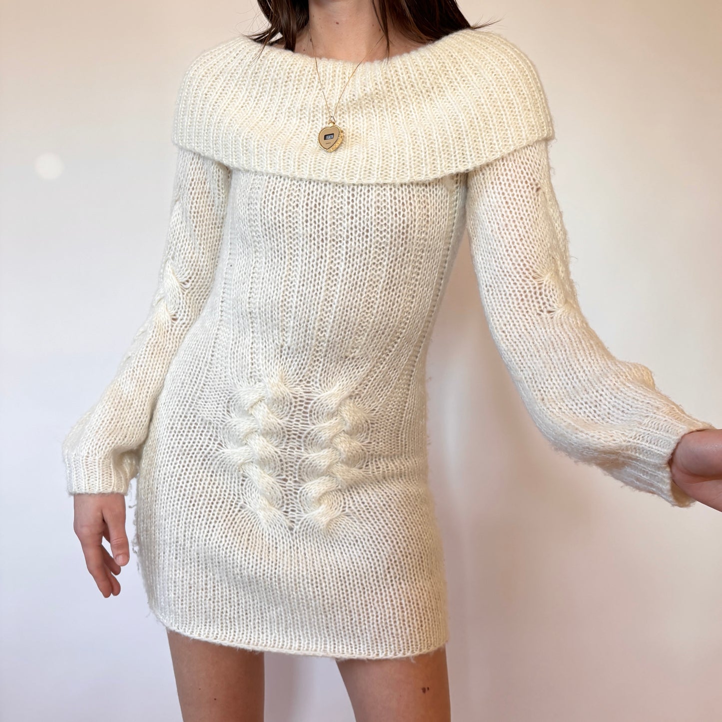 Y2K Cream Knit Mini Dress (S)
