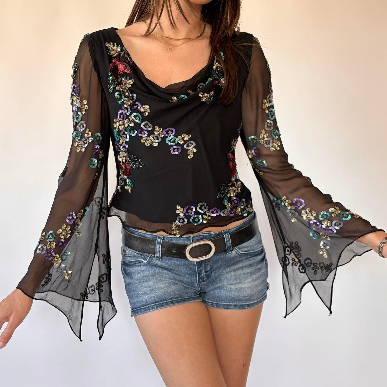 Y2K Pure Silk Sequin Top (S)