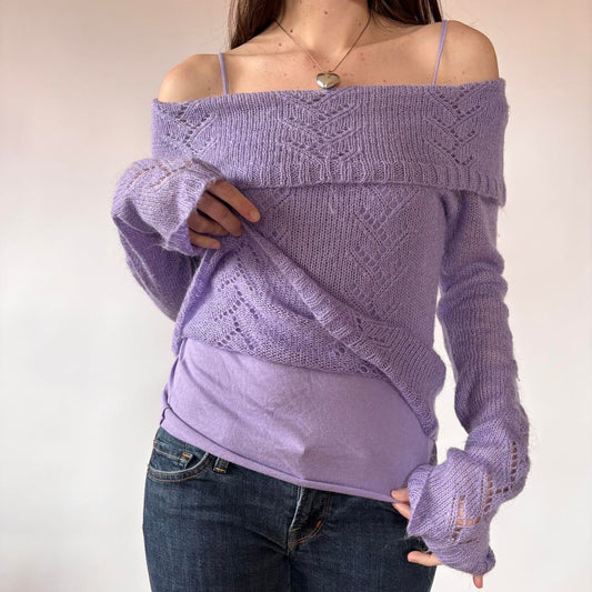 Y2K Lilac Off Shoulder Knit Sweater (M)