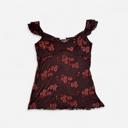 Y2K Embroidered Mesh Sequin Top (XL)