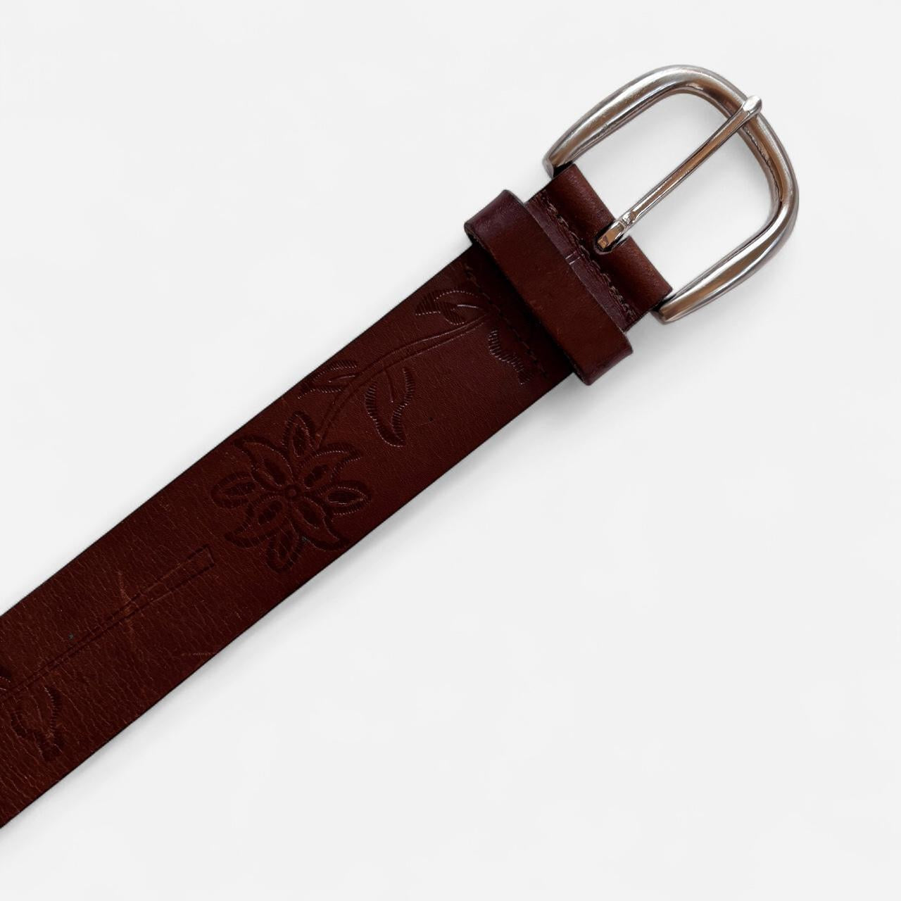 Floral Embossed Brown Leather Belt