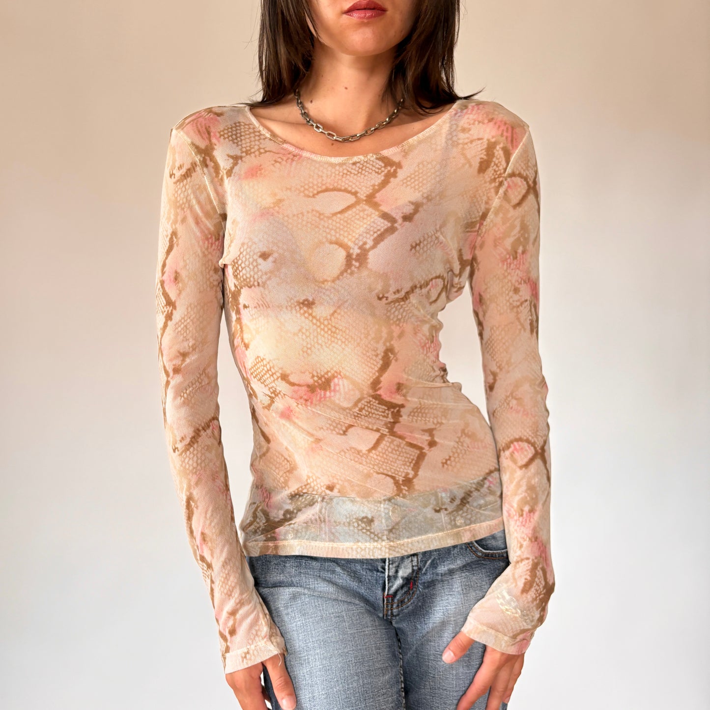 Y2K Mesh Snakeskin Longsleeve Top (M)