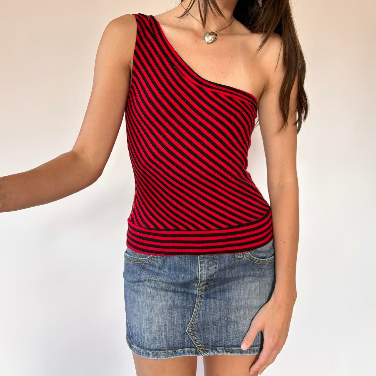 90s Forever 21 Stripy One Shoulder Top (S/M)