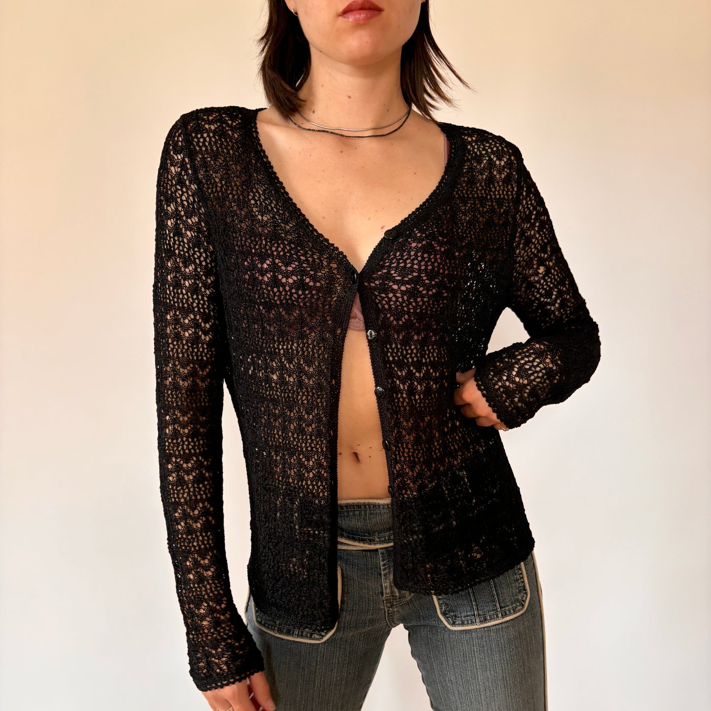 90s Noir Crochet Cardigan (M)