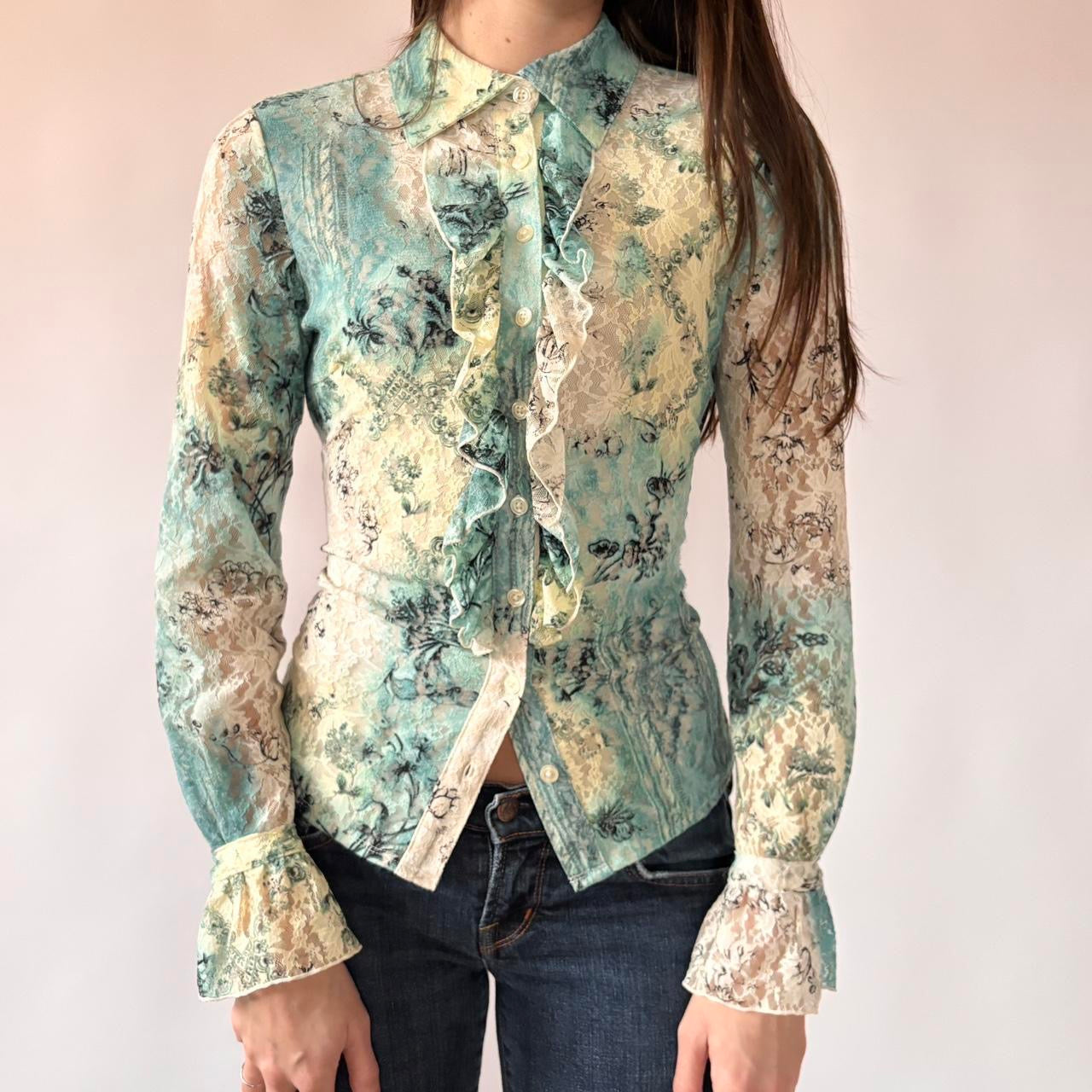 Y2K Ruffly Lace Button Up Blouse (S)
