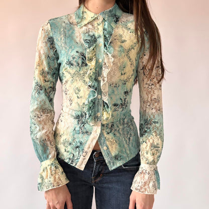 Y2K Ruffly Lace Button Up Blouse (S)