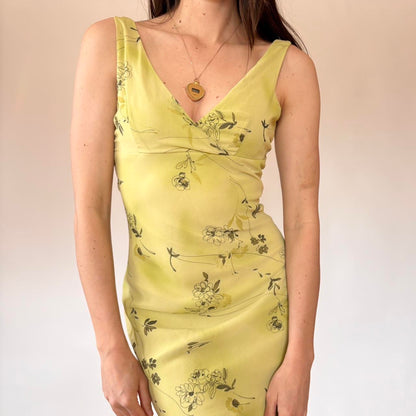 Y2K Floral Chartreuse Midi Dress (XS/S)