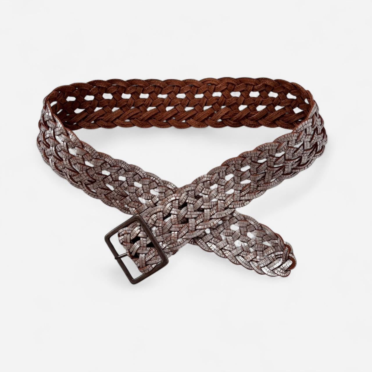 Y2K Silver Braided Genuine Leather Belt