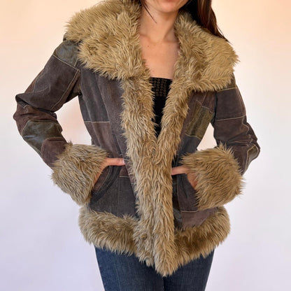Y2K Patchwork Leather & Faux Fur Jacket (M)
