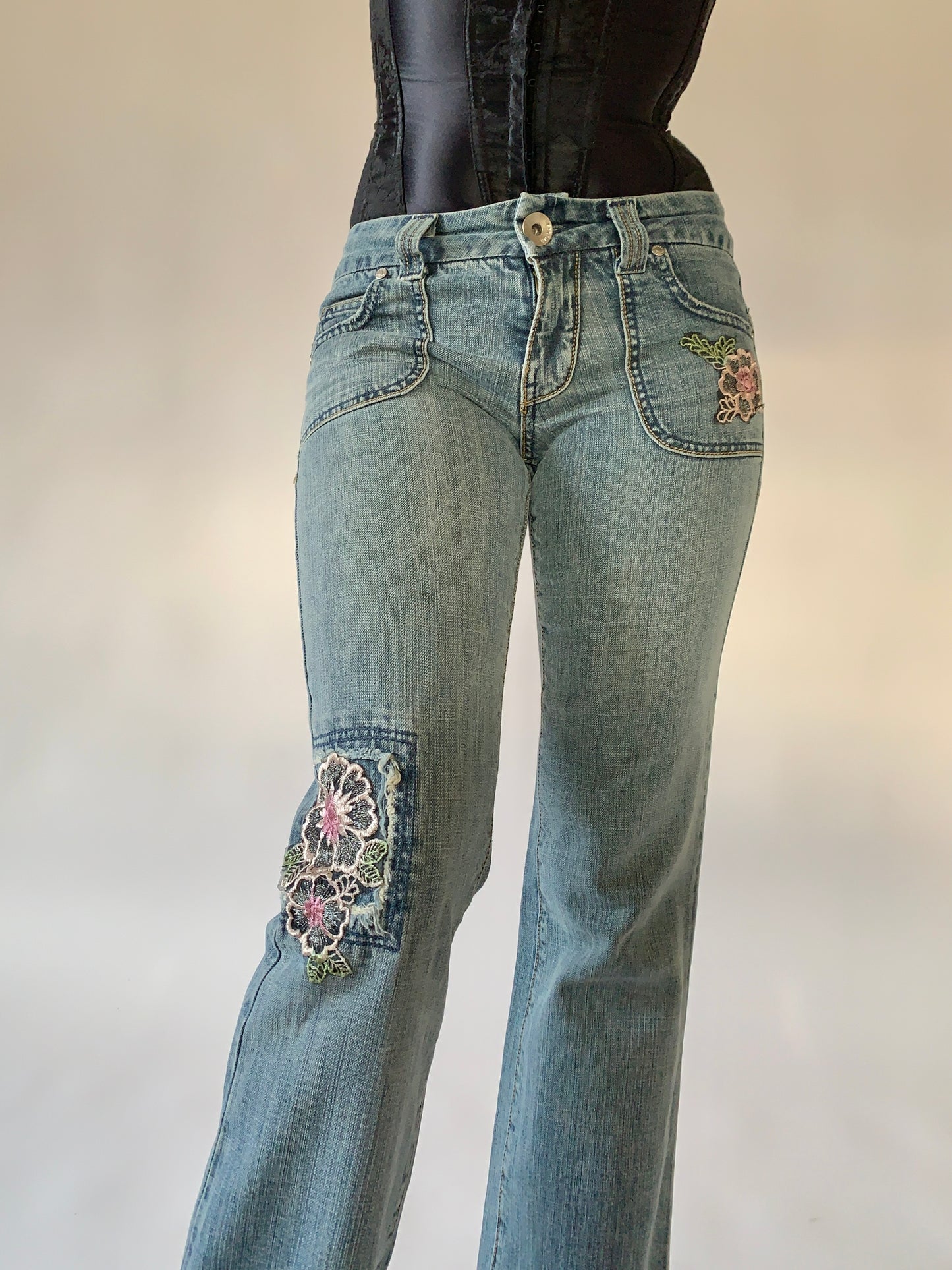 Y2K Floral Embroidered Jeans - Small