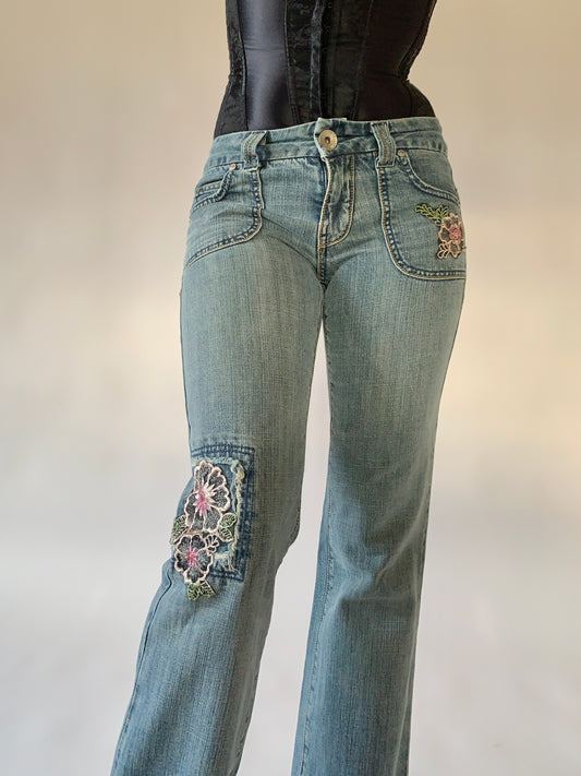 Y2K Floral Embroidered Jeans - Small