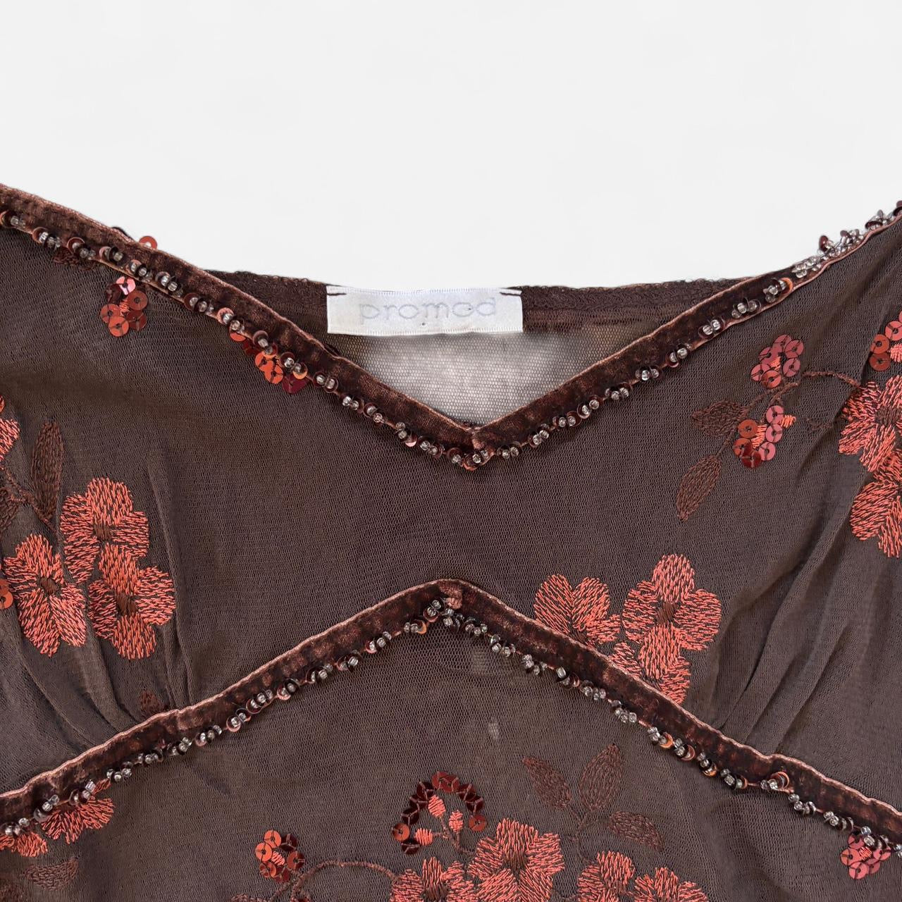 Y2K Embroidered Mesh Sequin Top (XL)