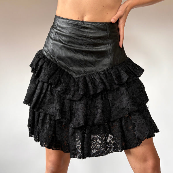 80s Leather & Lace Ruffle Skirt (XXS/XS)