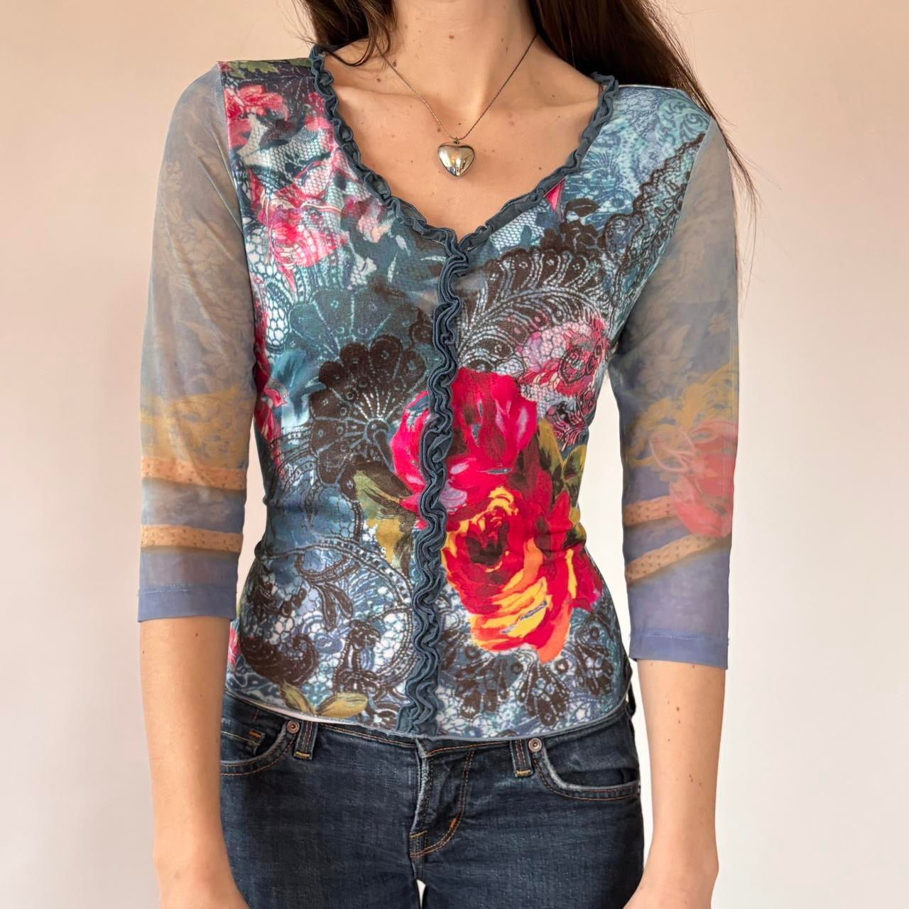Y2K Floral Mesh Sleeve Top (M/L)