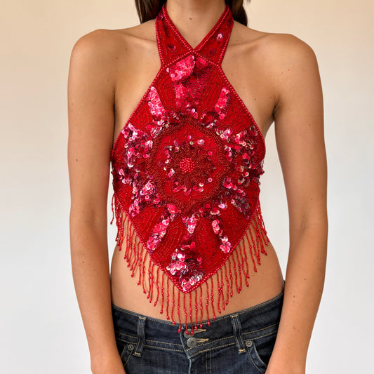 Vintage Cherry Beaded Halter (S)