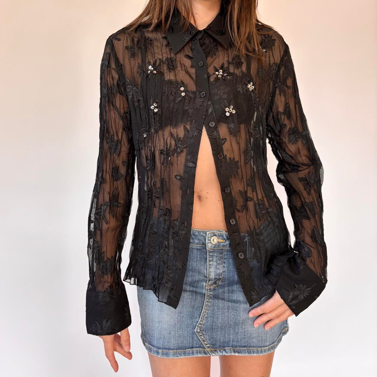 Y2K Sheer Beaded Blouse (L)