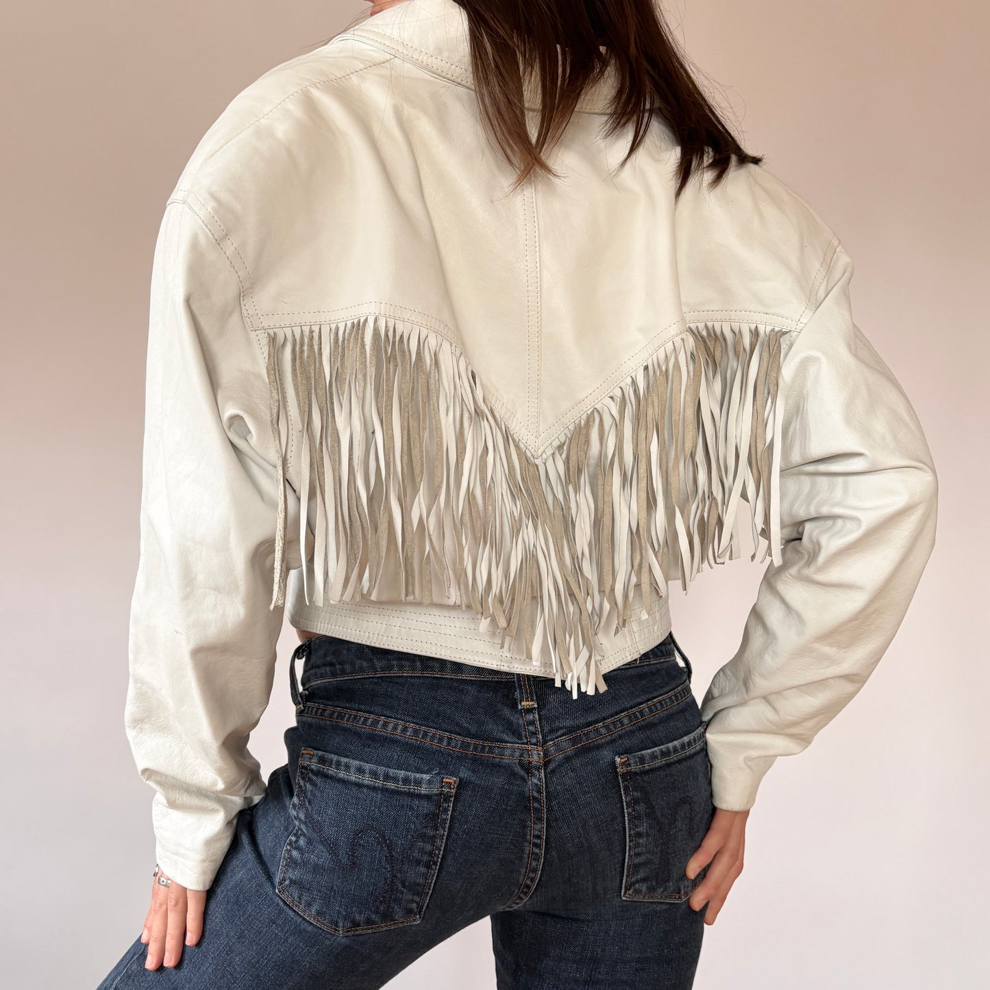 80s White Leather Fringe Jacket (M)