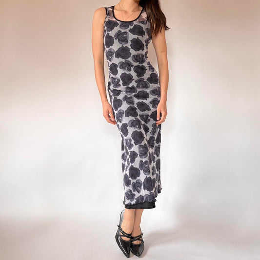 90s Mesh Rose Maxi Dress (M)