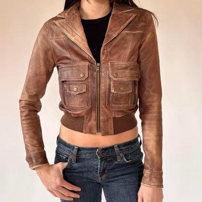 Y2K Genuine Leather Jacket (XS)