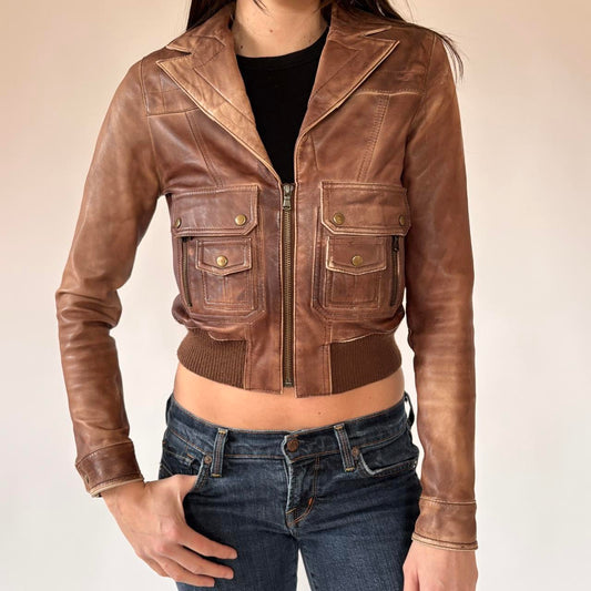 Y2K Genuine Leather Jacket (XS)