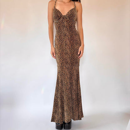 90s Slinky Leopard Maxi Dress (M)