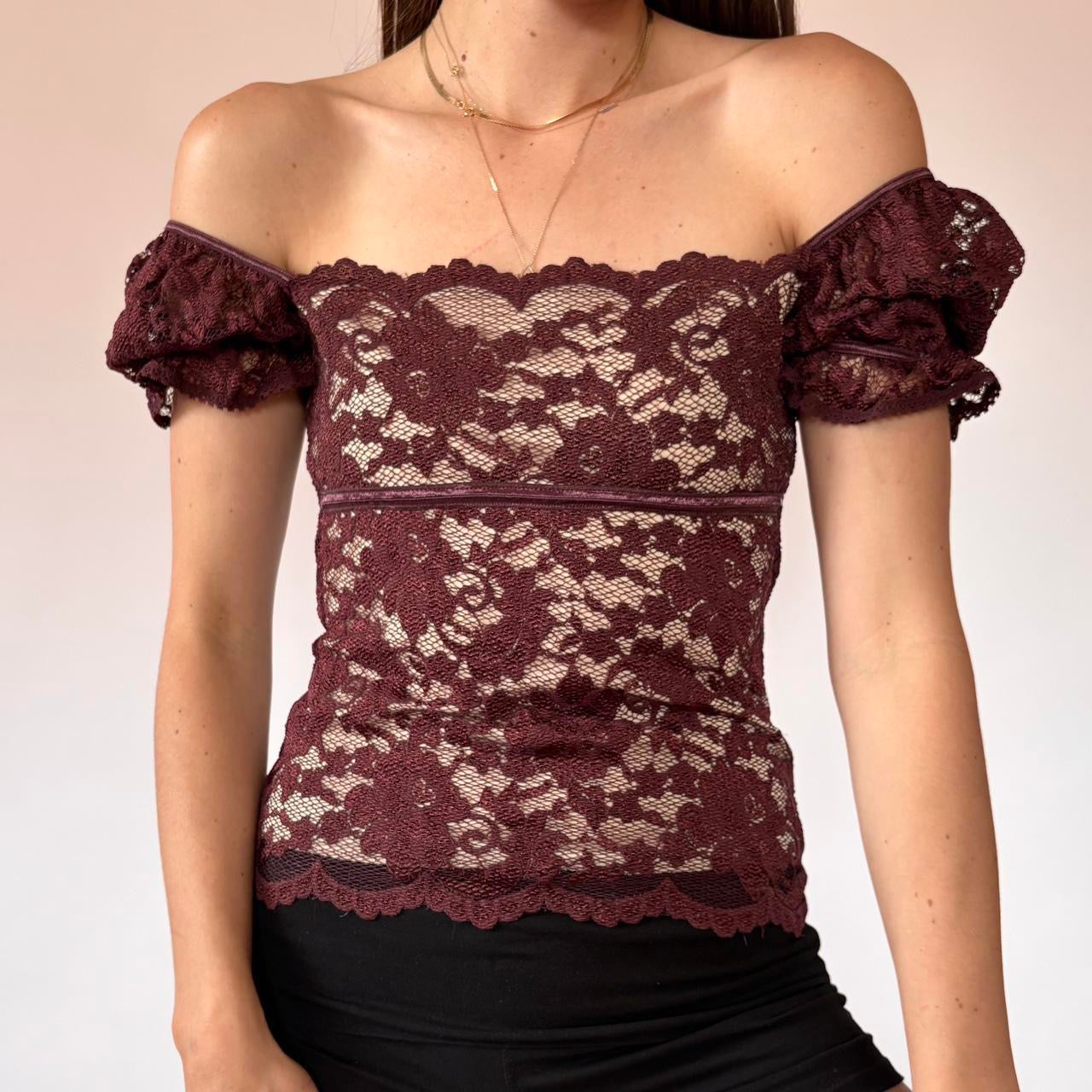 Y2K Burgundy Lace Off Shoulder Top (XS)