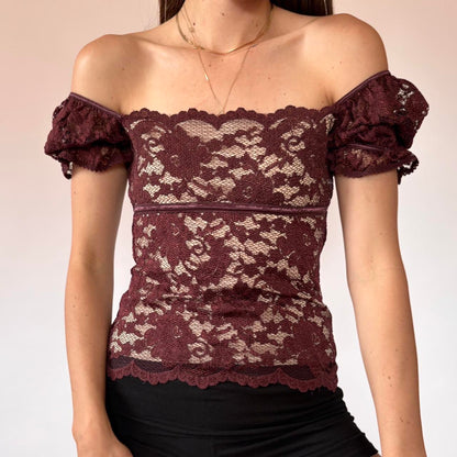Y2K Burgundy Lace Off Shoulder Top (XS)