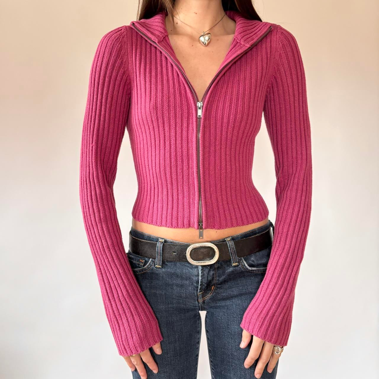 American Eagle Raspberry Double Zip Sweater (M)