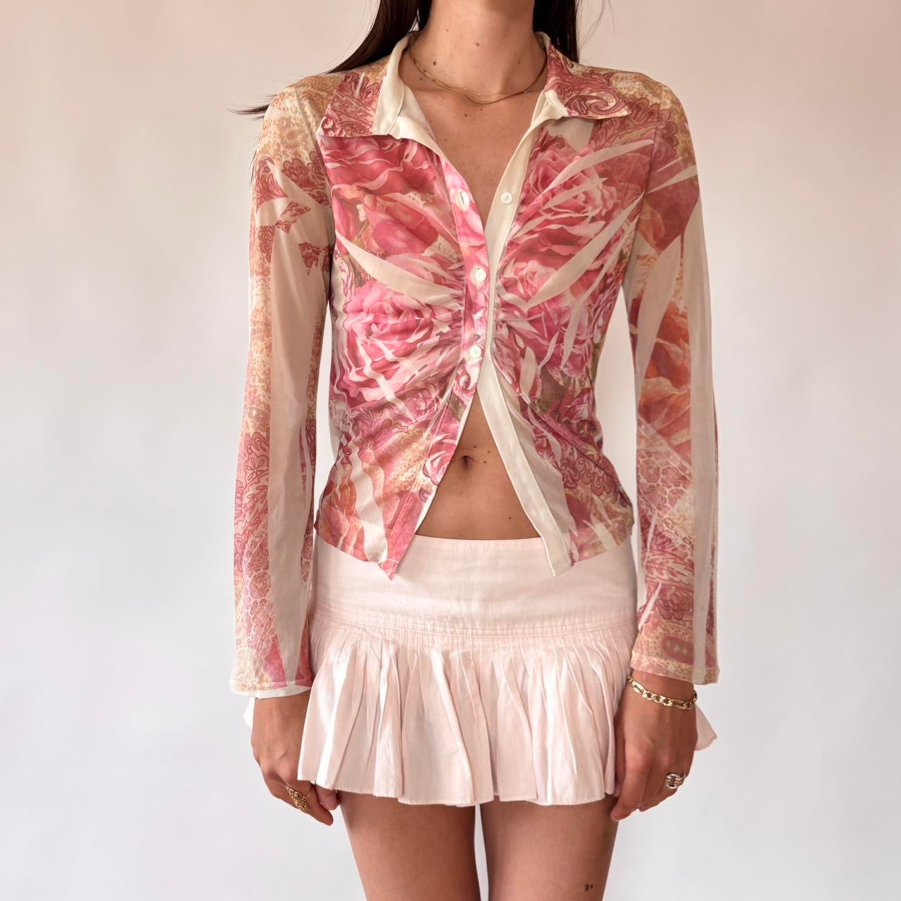 Y2K Mesh Rose Print Blouse (XS/S)
